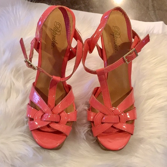 Peach Paprika 5" Patent Open Toe Strap Heels - Picture 3 of 5